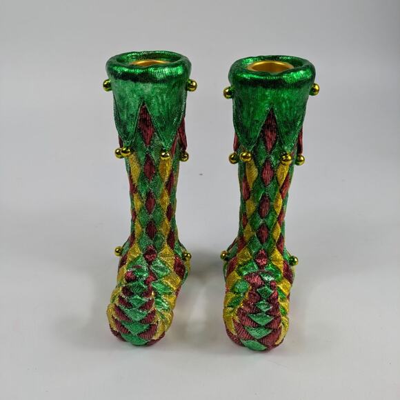 Elf Shoe Candlestick Holders 6.5" Christmas Holiday Decor Jester Mardi Gras Gold - Picture 2 of 15